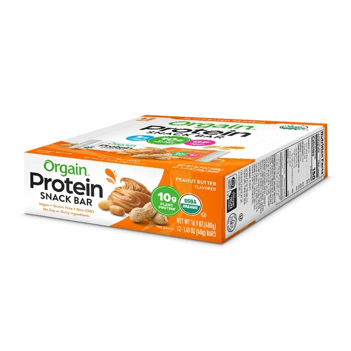 Orgain Protein Snack Bar box in peanut butter flavor with 10g plant protein, 12-count pack.