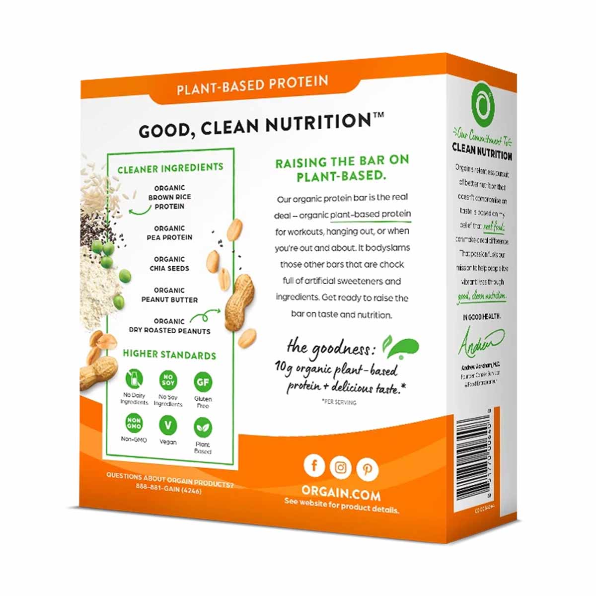 Orgain plant-based protein bar box displaying ingredients including brown rice, pea protein, chia seeds, and peanut butter wi