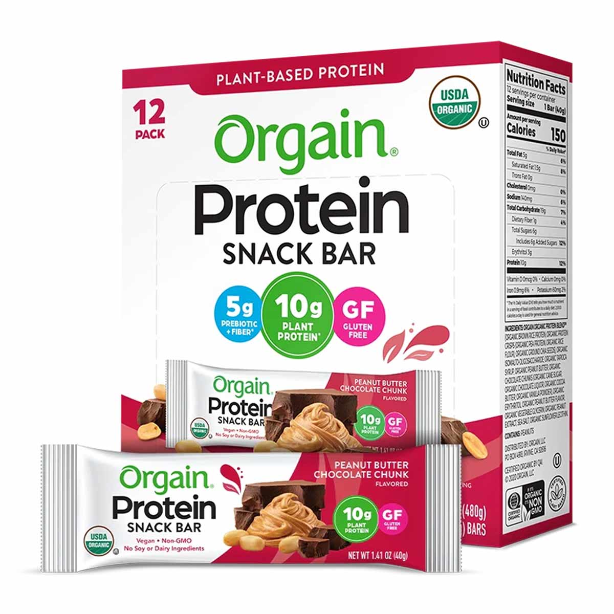 Orgain Protein Snack Bar 12-pack box with peanut butter chocolate chunk flavor bars displayed in front.