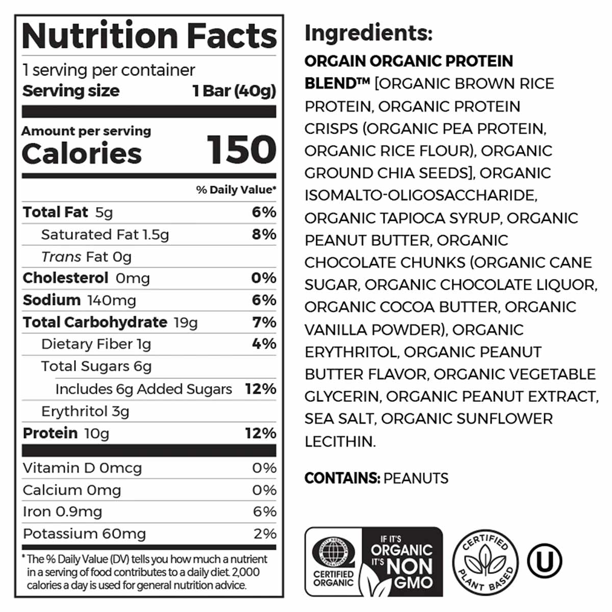 Orgain organic protein snack bar nutrition facts and ingredients label showing 150 calories, 10g protein per 40g bar.