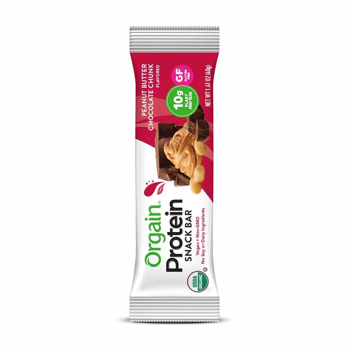 Orgain Protein Snack Bar in peanut butter chocolate chunk flavor with 10g protein, shown in red and white wrapper.