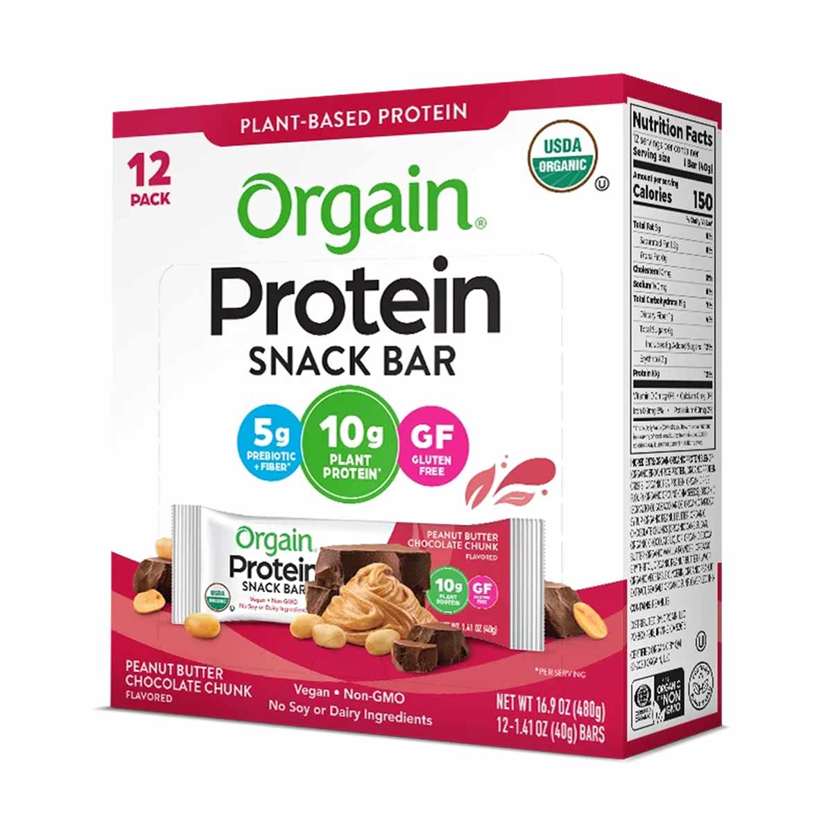 Orgain plant-based protein snack bar box with 12-pack peanut butter chocolate chunk flavor bars visible.