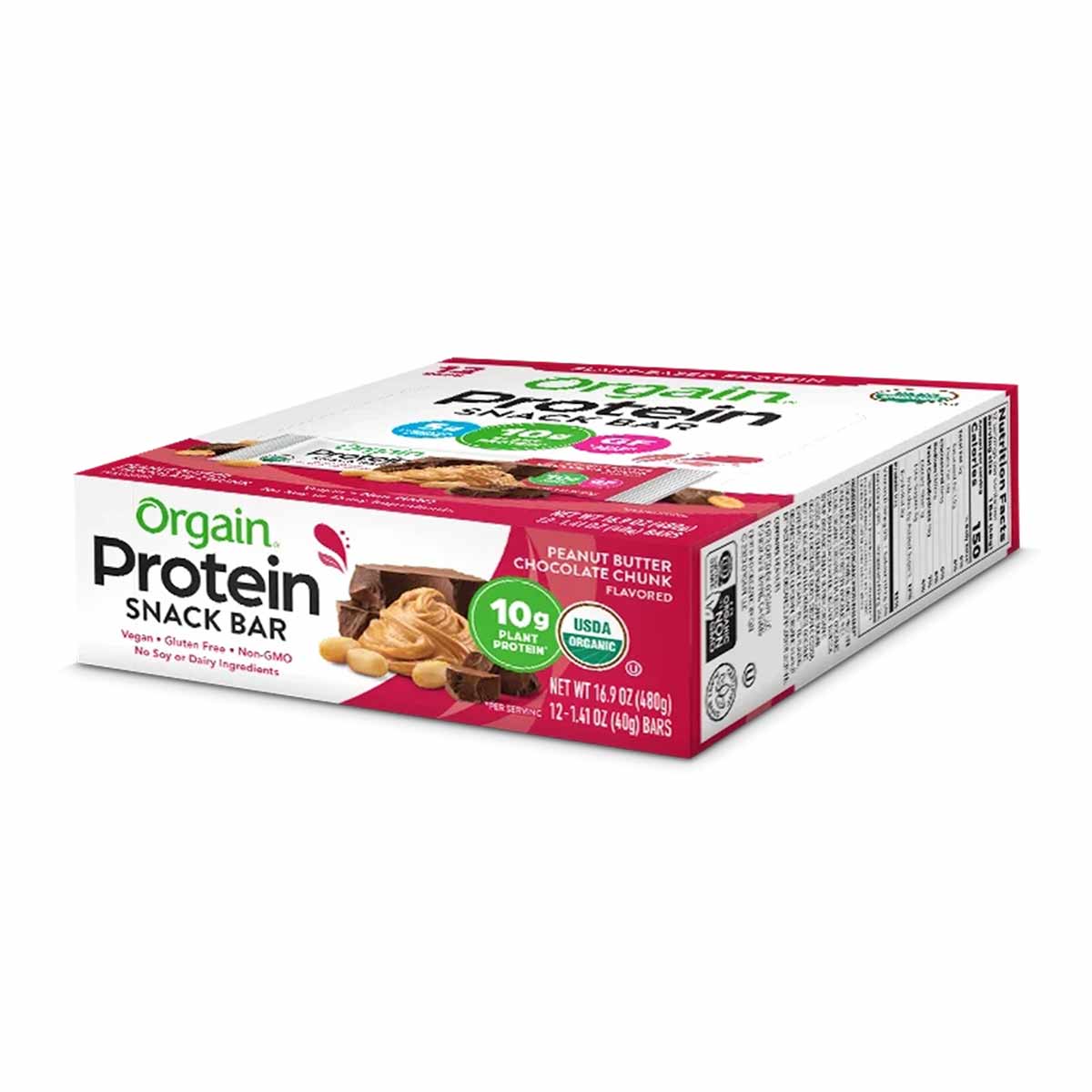 Orgain Protein Snack Bar box in peanut butter chocolate chunk flavor with USDA organic seal and 10g plant protein badge.