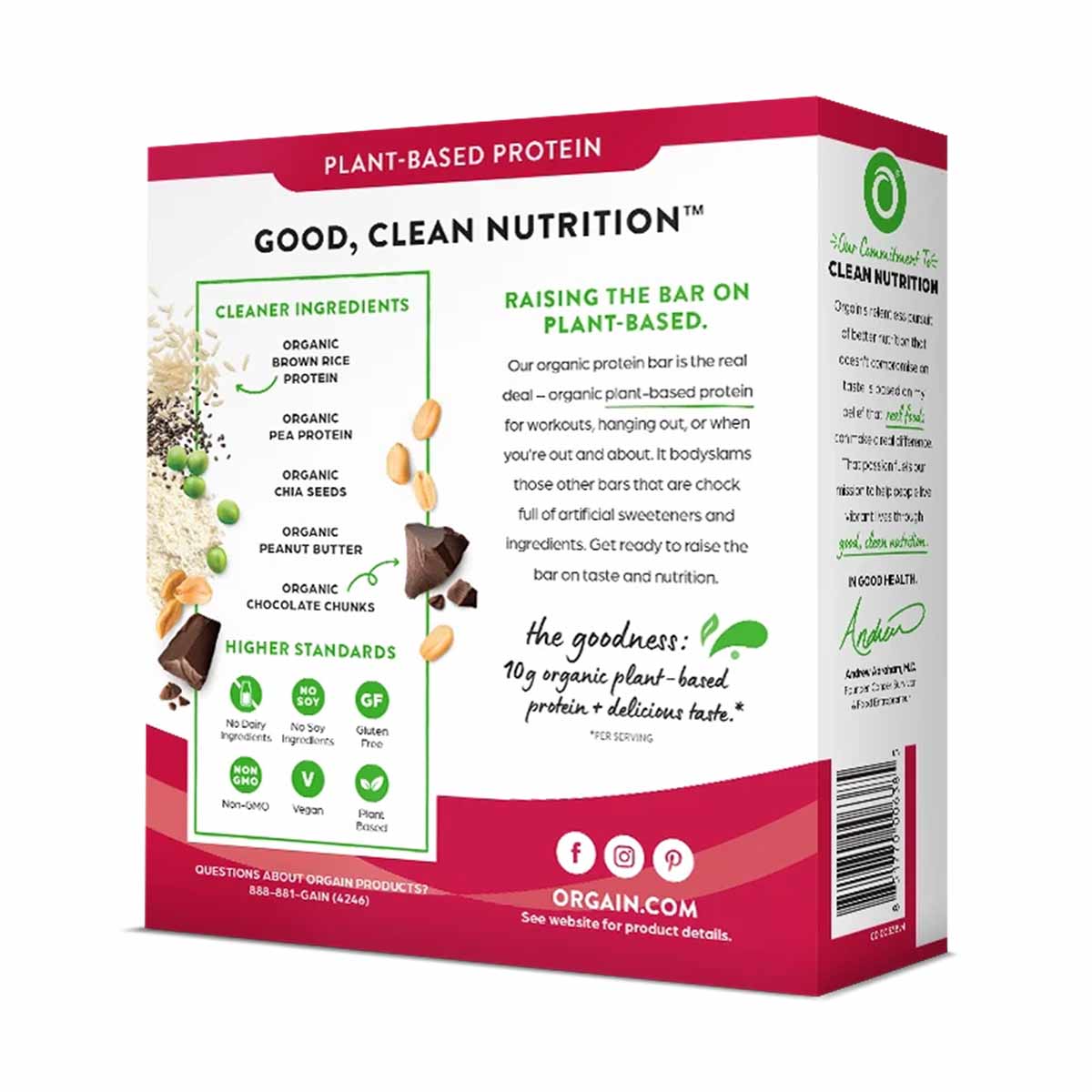 Orgain plant-based protein snack bar box with red and white packaging, displaying ingredient information and nutrition claims