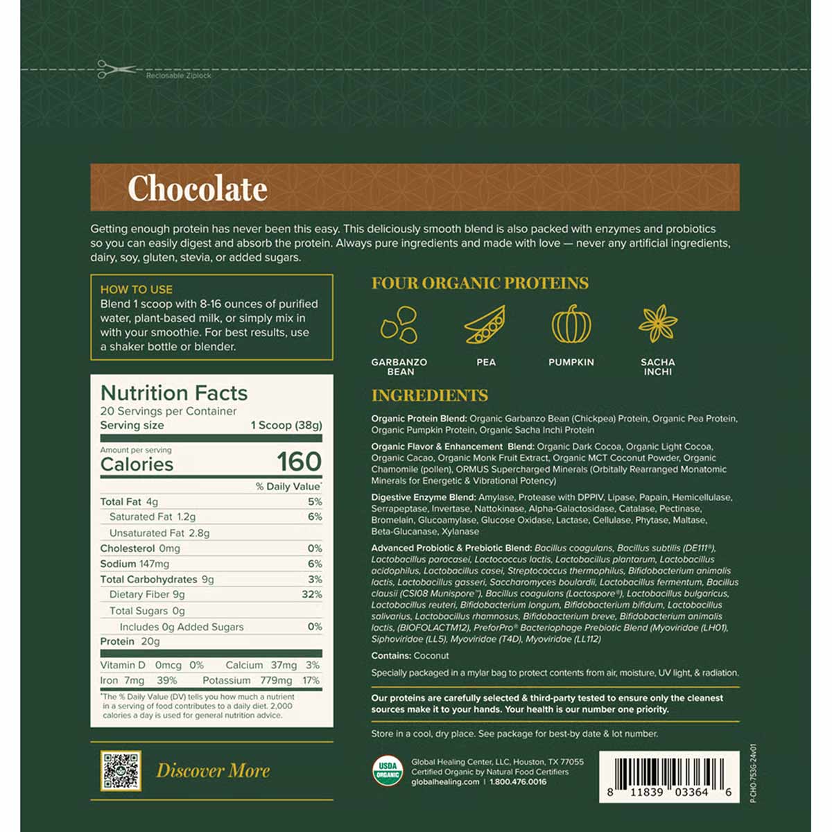 Chocolate-flavored protein powder container with nutrition facts, ingredients list, and four organic protein sources displaye