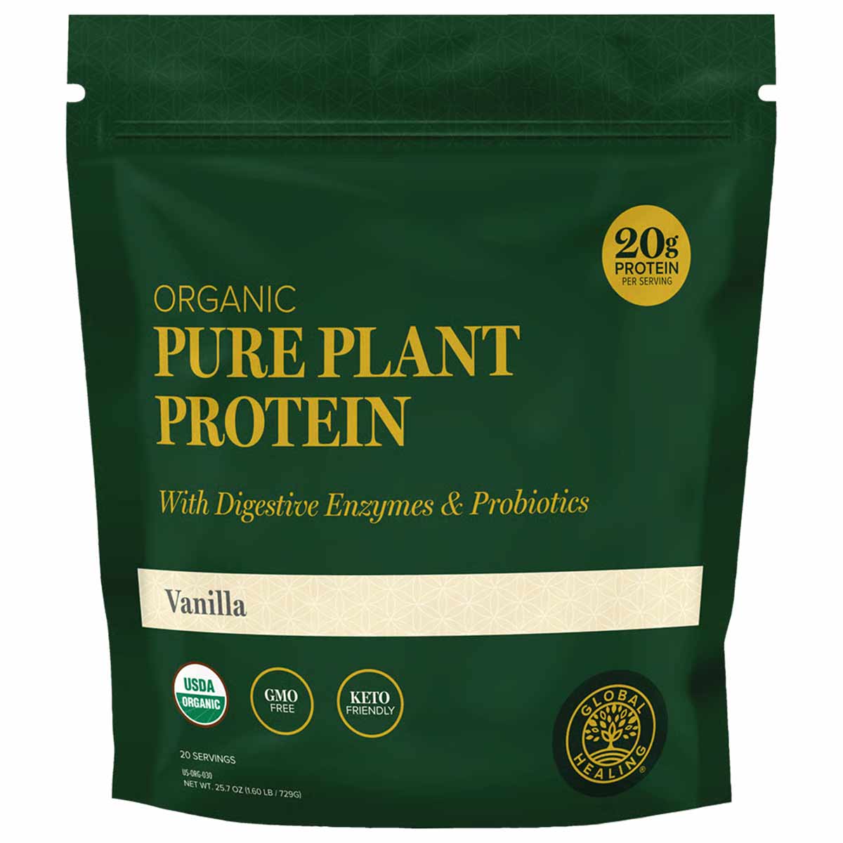 Dark green pouch of organic vanilla plant protein powder with gold text, certification badges, and yellow circle showing 20g 