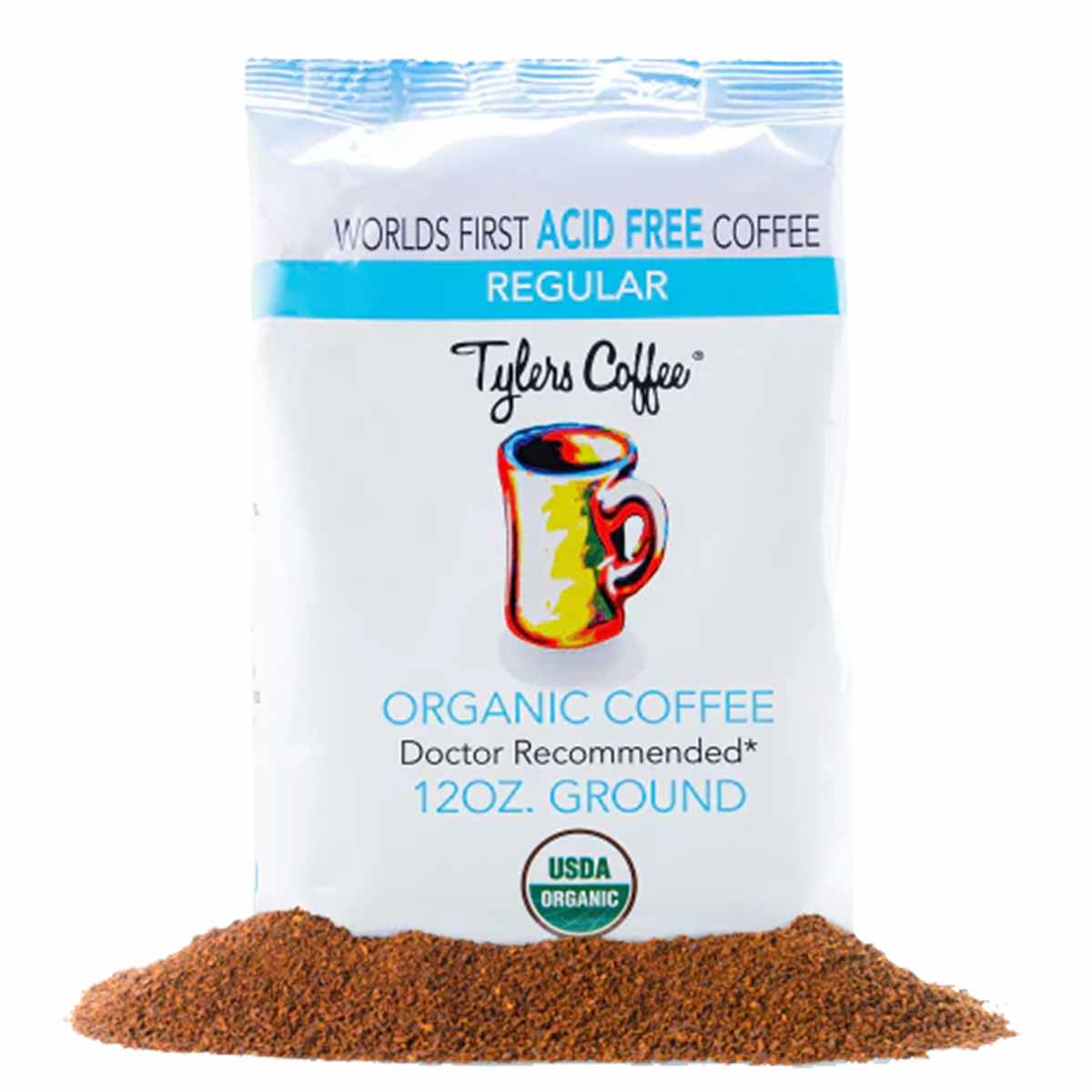 Tylers Coffee 12 oz bag of organic acid-free regular ground coffee with USDA organic seal and pile of ground coffee below.