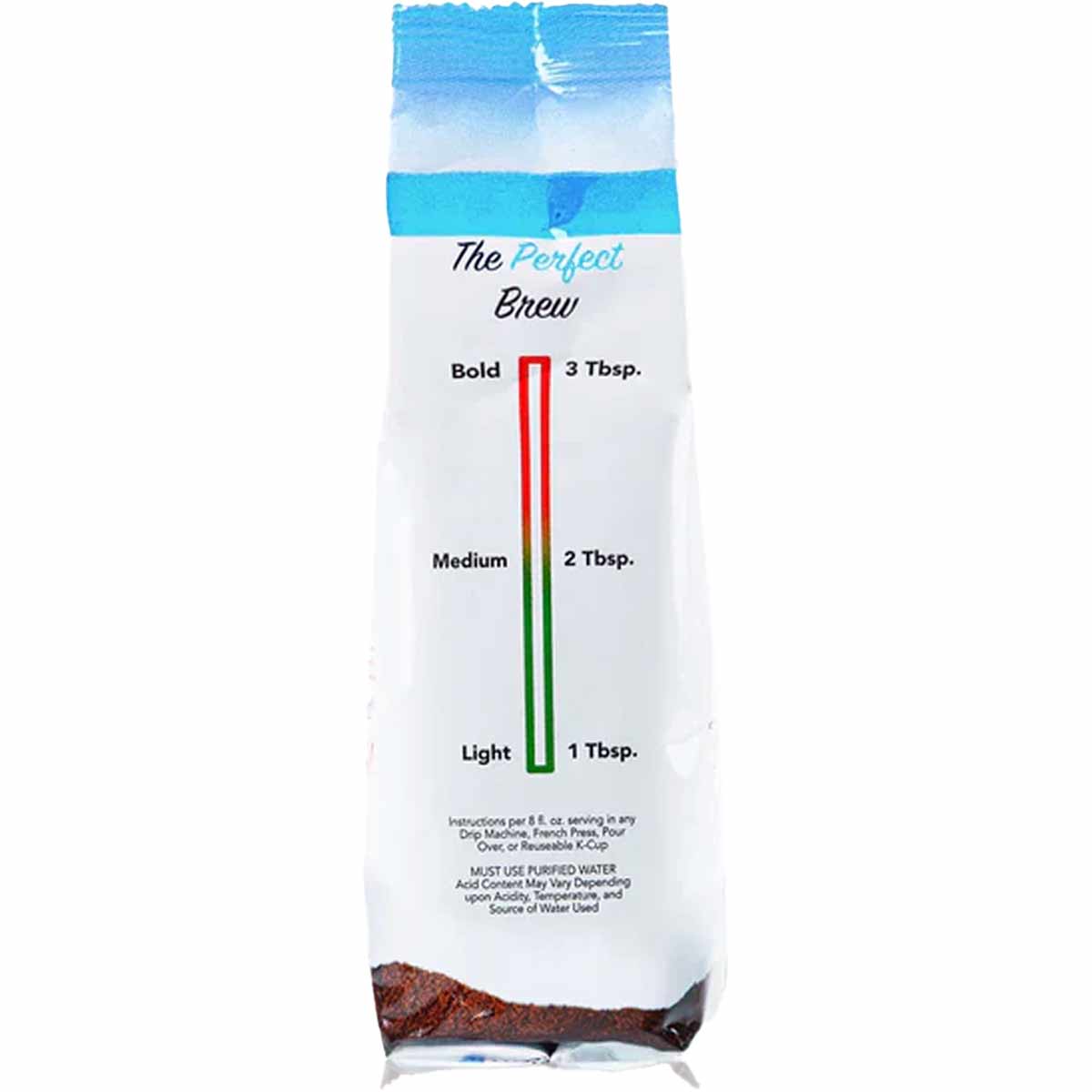 Tyler's Coffee 12 oz bag of organic regular ground coffee with blue header and brewing strength guide on white label.