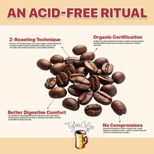 Roasted coffee beans displayed with text describing acid-free, organic certification and Z-Roasting technique.