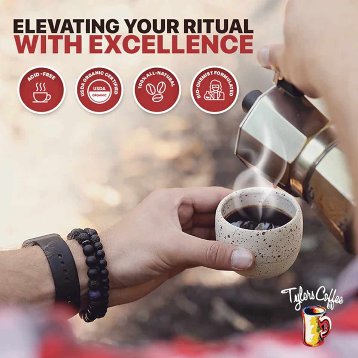 Hand pouring dark ground coffee into a speckled white cup with certification badges displayed above.