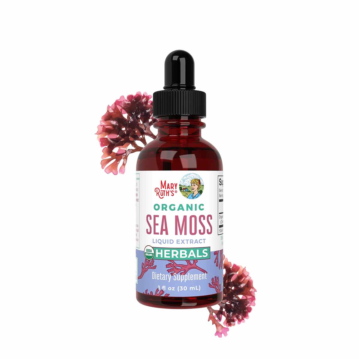 Dark amber glass dropper bottle of MaryRuth's Organics sea moss liquid extract with black dropper cap, surrounded by dried se