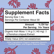 Supplement Facts label for sea moss liquid drops showing serving size, ingredients, and nutritional information on blue backg