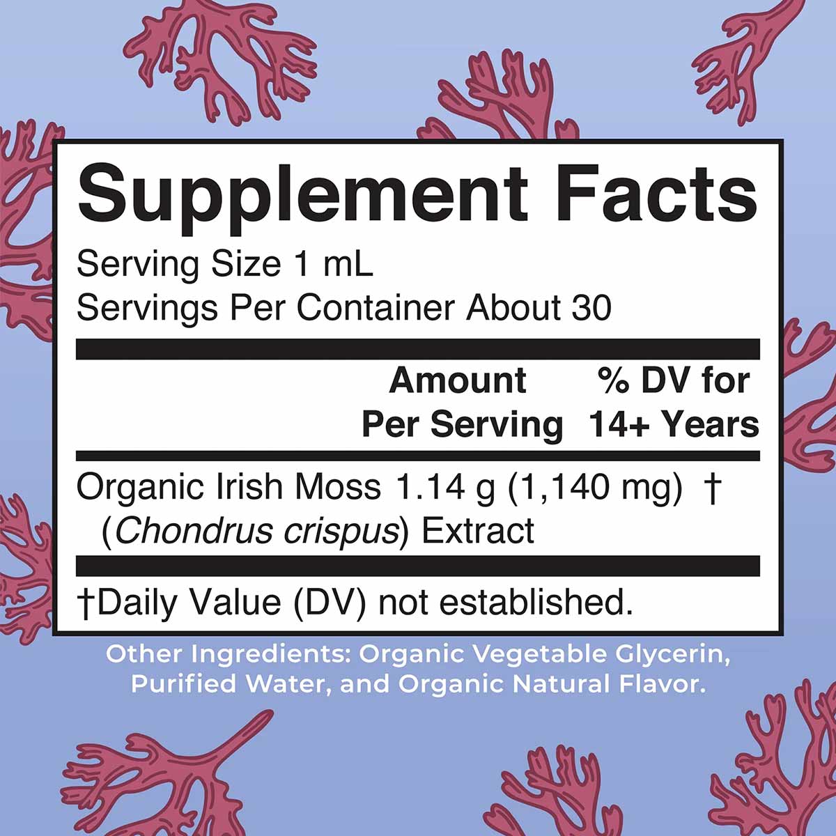 Supplement Facts label for sea moss liquid drops showing serving size, ingredients, and nutritional information on blue backg