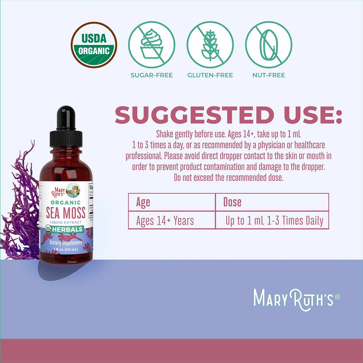 Dark red liquid dropper bottle with black cap labeled "Organic Sea Moss" next to purple sea moss plant, with USDA Organic and