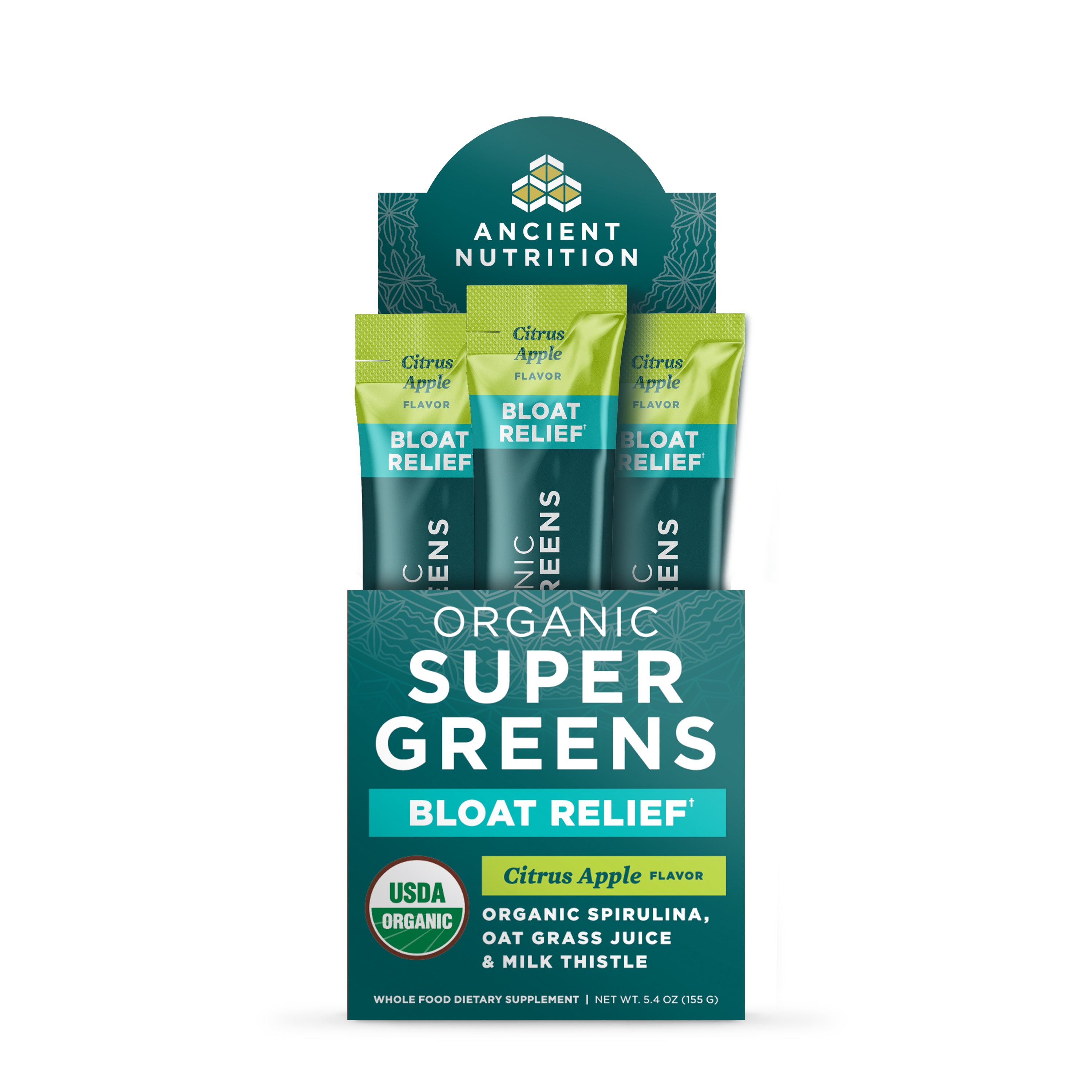 Box of Ancient Nutrition Organic Super Greens Bloat Relief stick packs in Citrus Apple flavor with three individual packets d