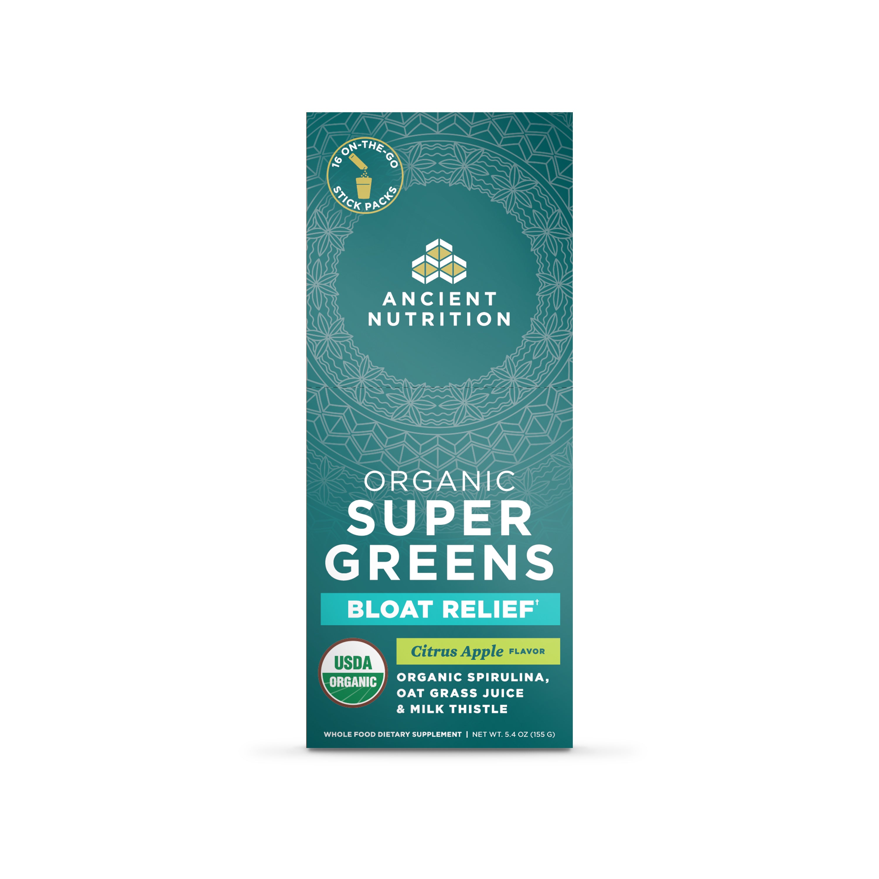 Box of Ancient Nutrition Organic Super Greens Bloat Relief stick packs in Citrus Apple flavor with USDA Organic certification