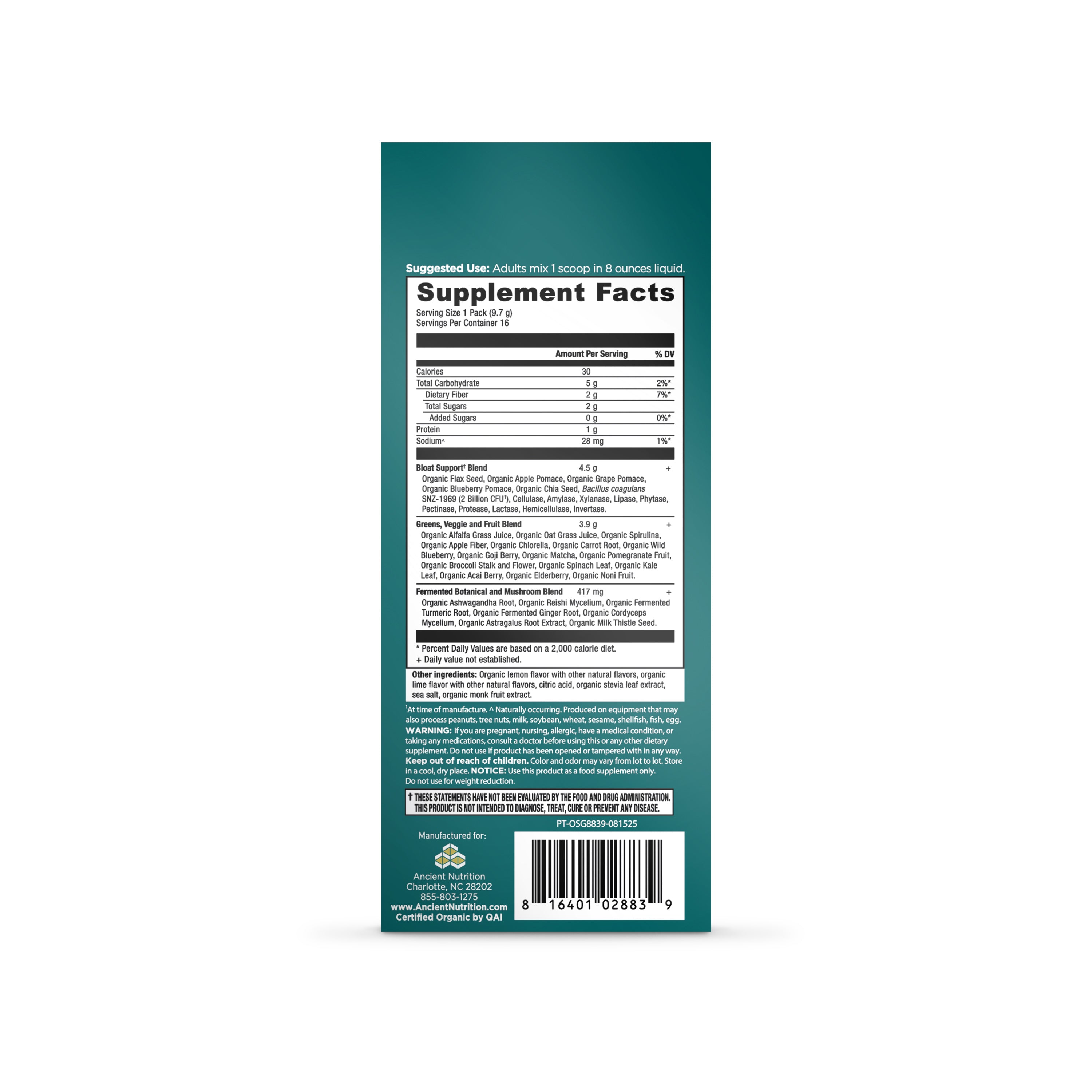 Teal supplement package back label displaying Supplement Facts, ingredients, and barcode for Ancient Nutrition greens product