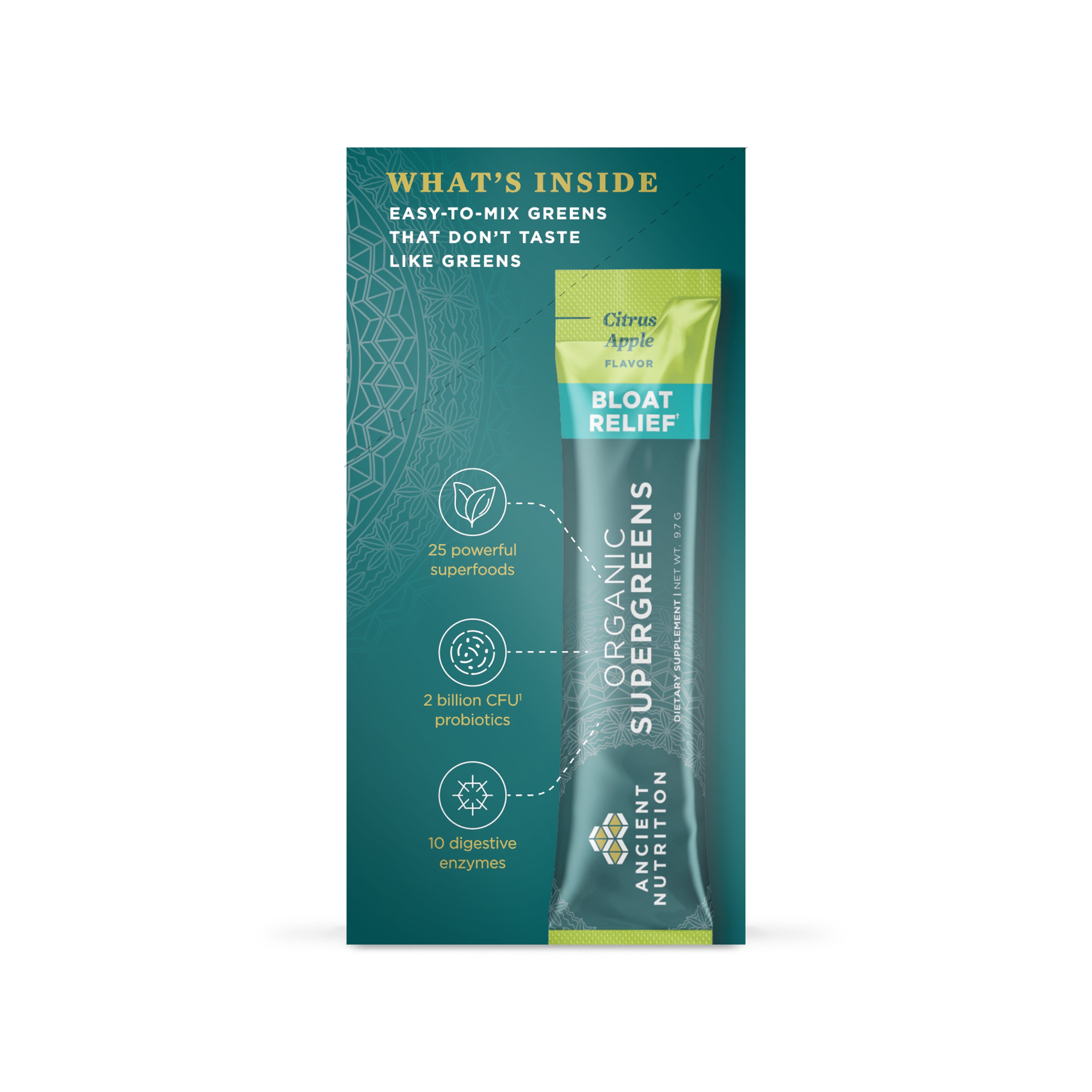 Ancient Nutrition Organic Super Greens Bloat Relief stick pack in Citrus Apple flavor with product information panel displaye