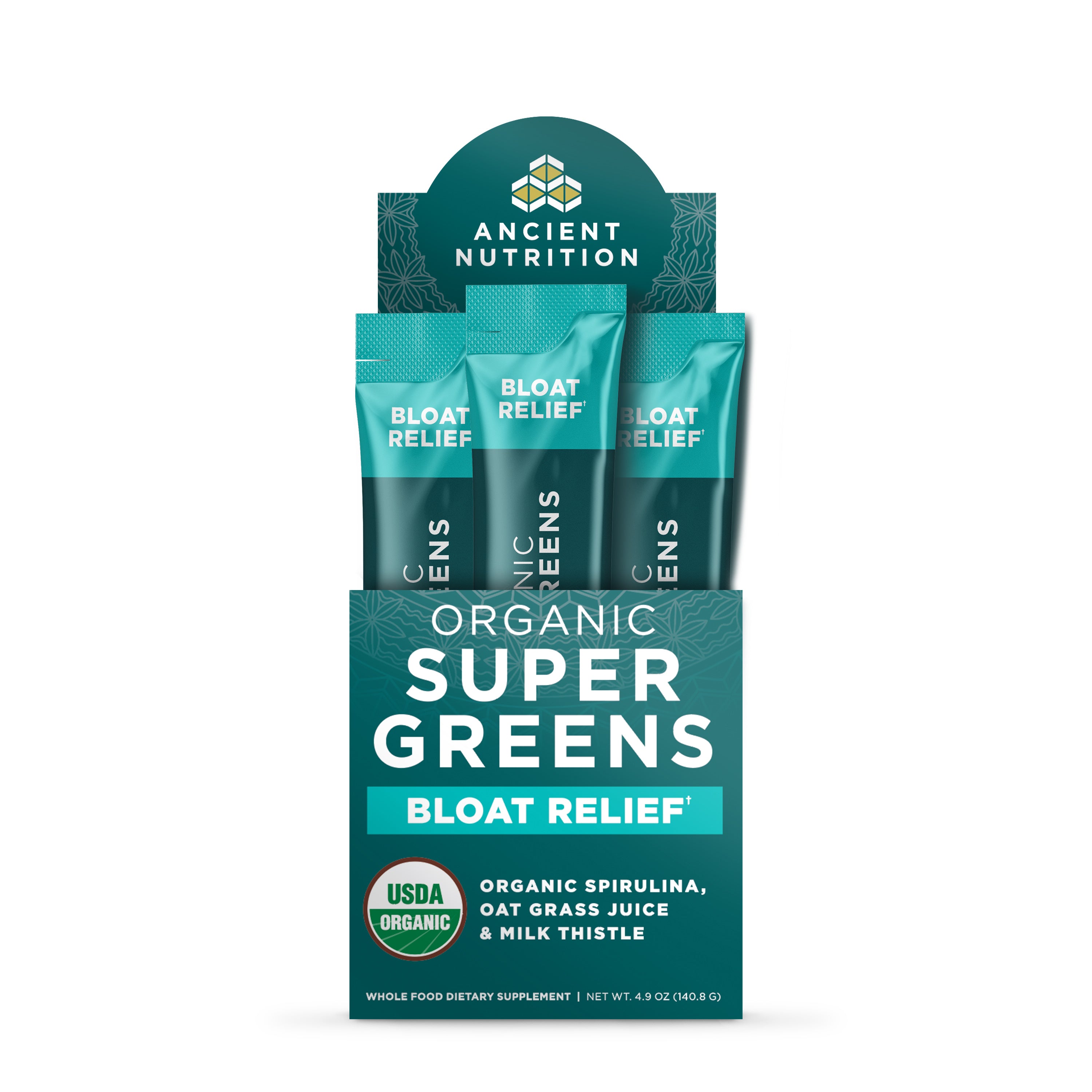 Display box containing three teal stick packs of Ancient Nutrition Organic Super Greens Bloat Relief supplement with USDA Org