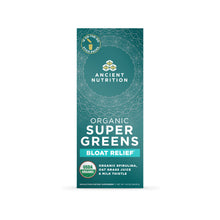 Teal rectangular box of Ancient Nutrition Organic Super Greens Bloat Relief powder stick packs with white text and geometric 