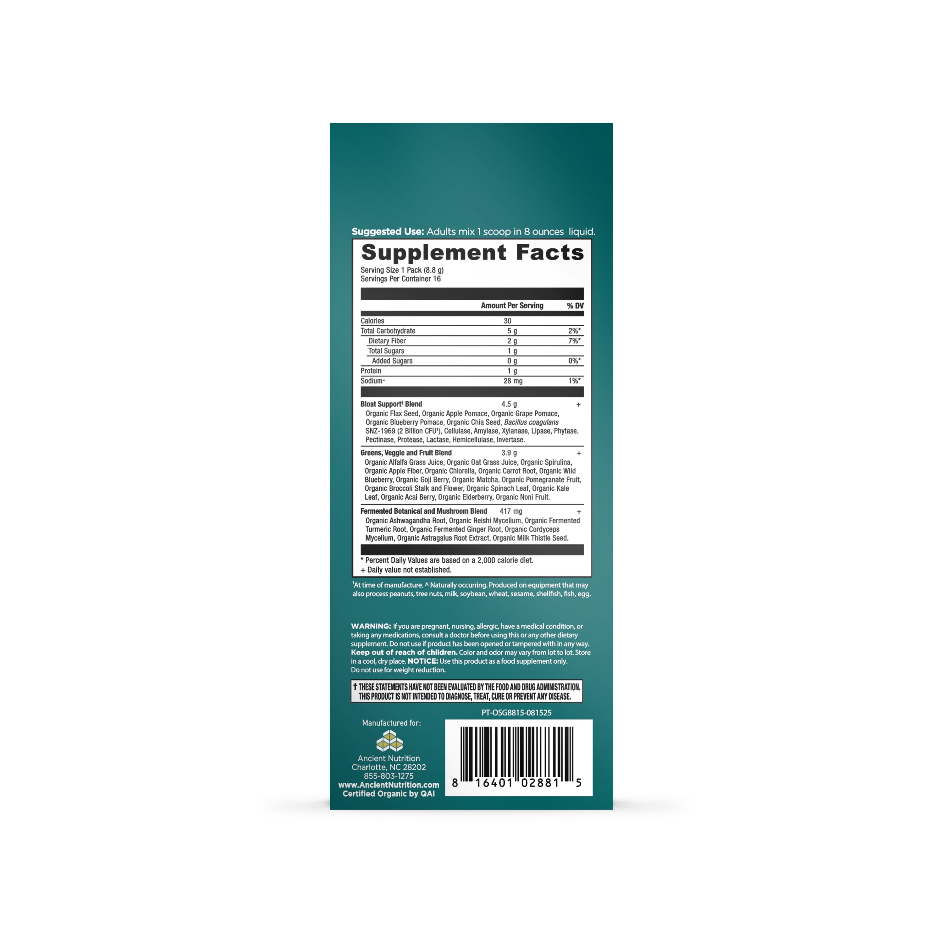 Back panel of teal supplement box showing Supplement Facts label, ingredient lists, and barcode for Ancient Nutrition greens 