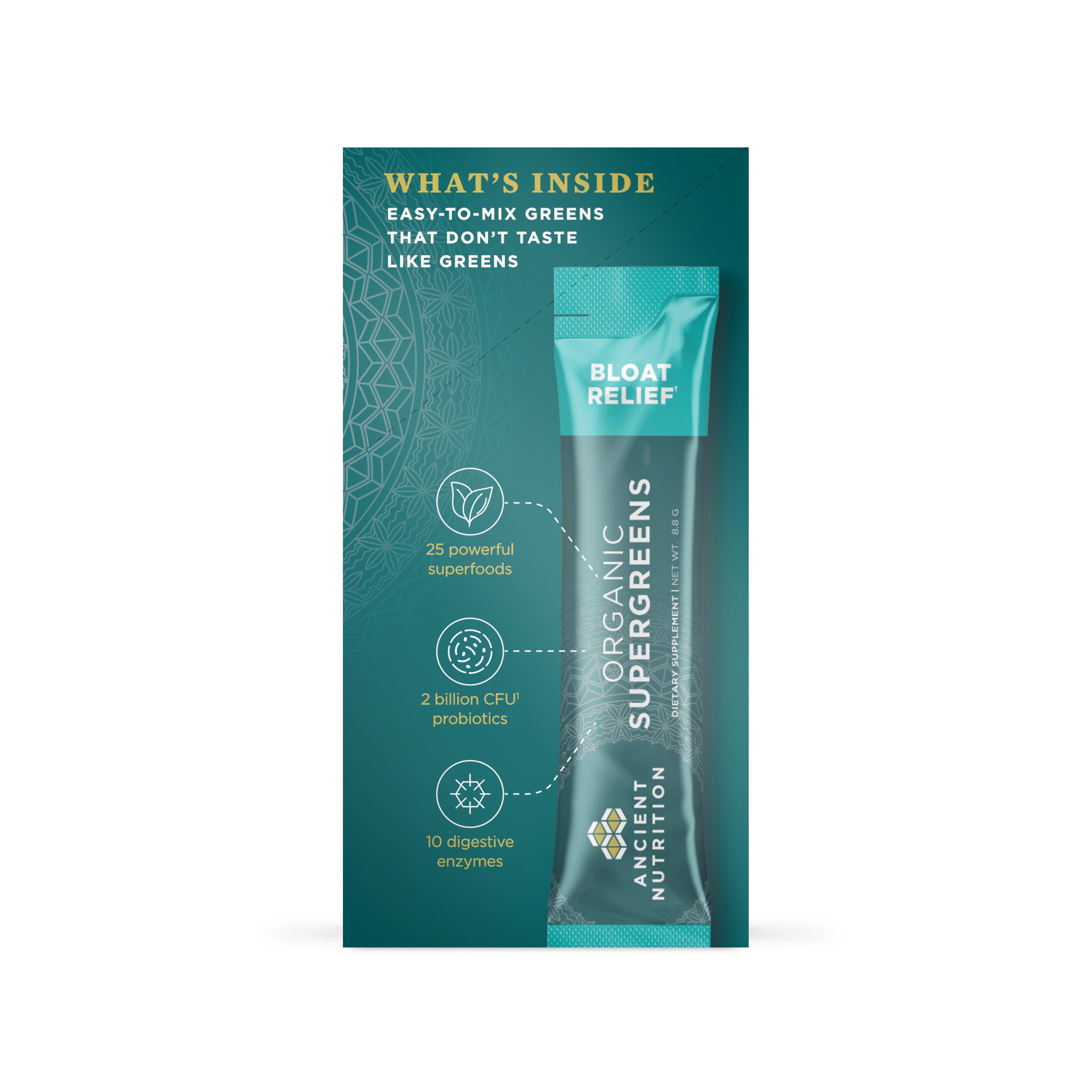 Teal and gray stick pack labeled "Organic Super Greens Bloat Relief" with ingredient icons displayed on packaging.