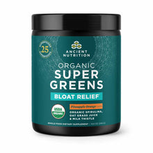 Black and teal container of Ancient Nutrition Organic Super Greens Bloat Relief powder with pineapple orange flavor.