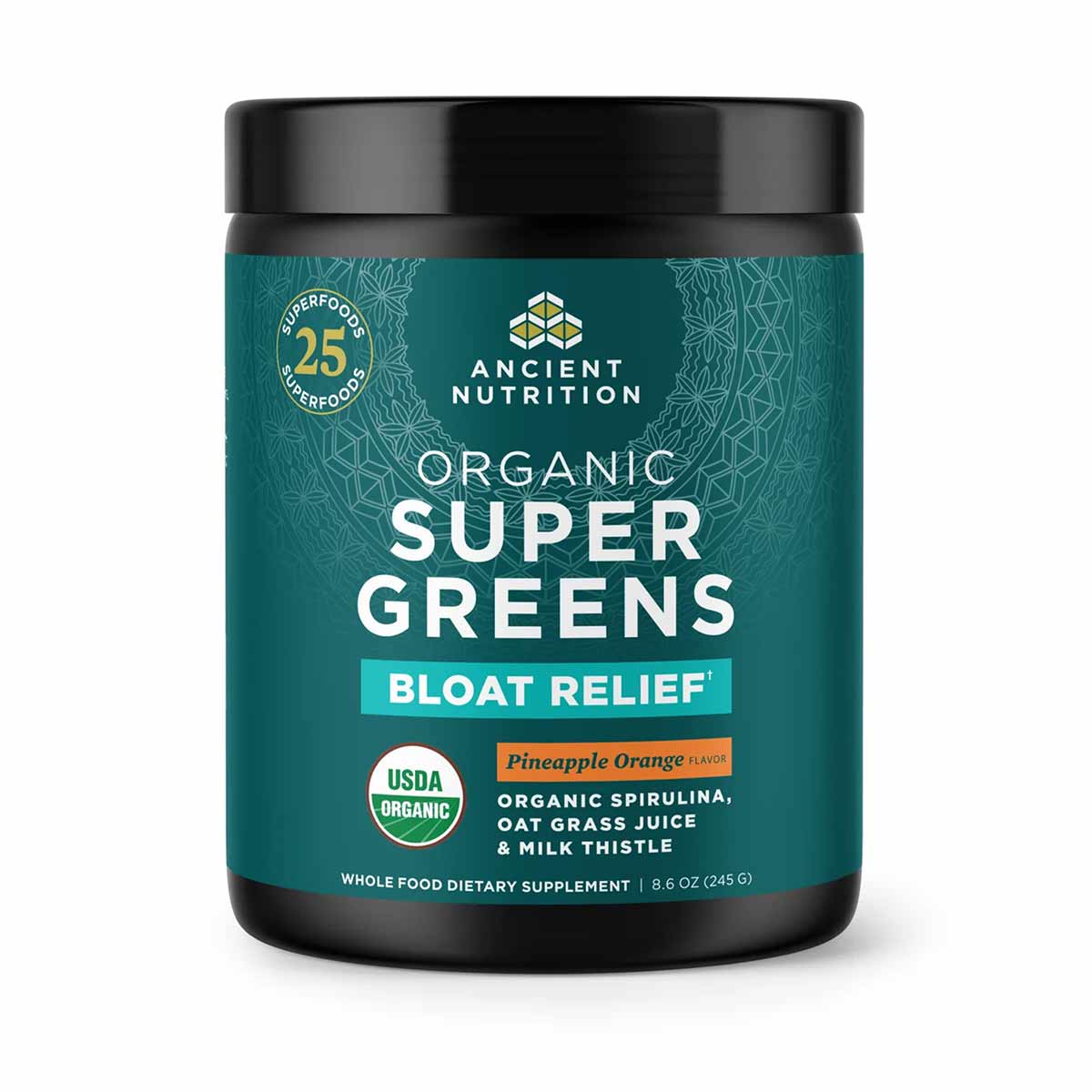 Black and teal container of Ancient Nutrition Organic Super Greens Bloat Relief powder with pineapple orange flavor.