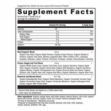 Supplement Facts label for Ancient Nutrition Organic SuperGreens + Bloat Relief powder showing nutritional information and in