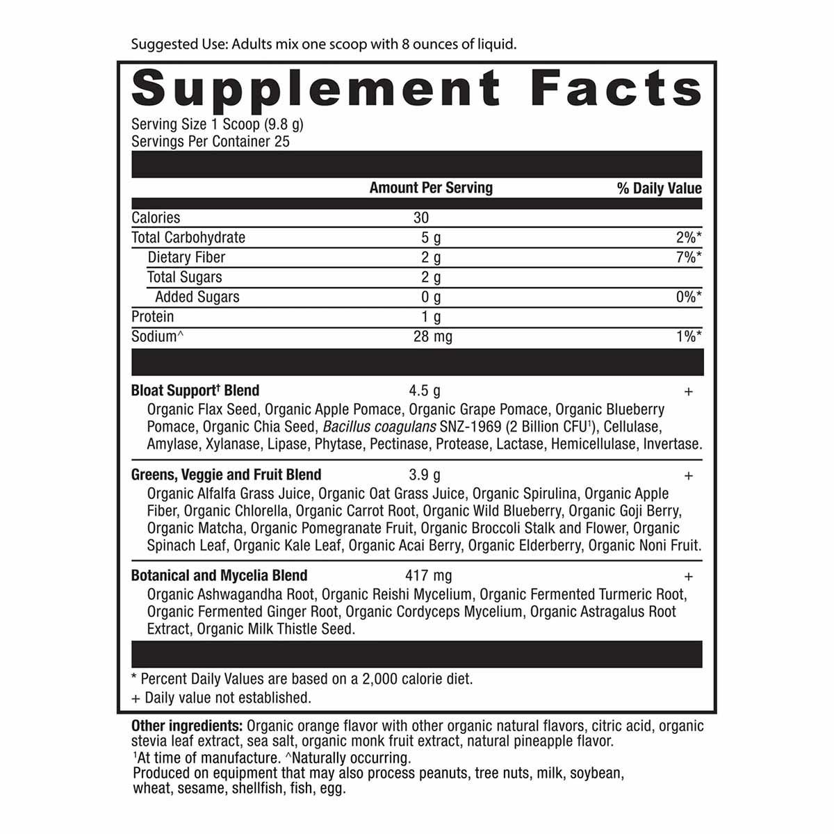 Supplement Facts label for Ancient Nutrition Organic SuperGreens + Bloat Relief powder showing nutritional information and in