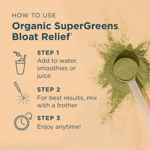 Green powder in measuring scoop with usage instructions on beige background.