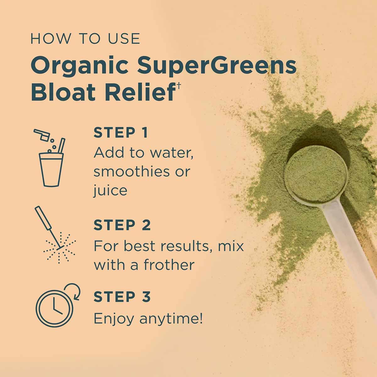 Green powder in measuring scoop with usage instructions on beige background.