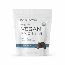 White pouch of Pure Power organic vegan protein powder in chocolate flavor with USDA organic seal and nutrition information d