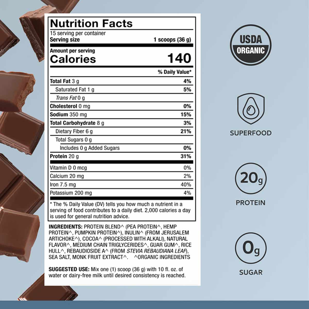 Nutrition Facts label for organic vegan protein powder with USDA certification, showing 20g protein and 0g sugar per serving.