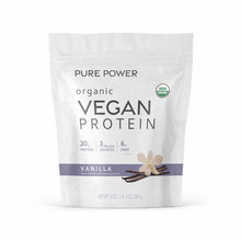 White pouch of Pure Power organic vegan protein powder in vanilla flavor with USDA organic seal and nutritional information d