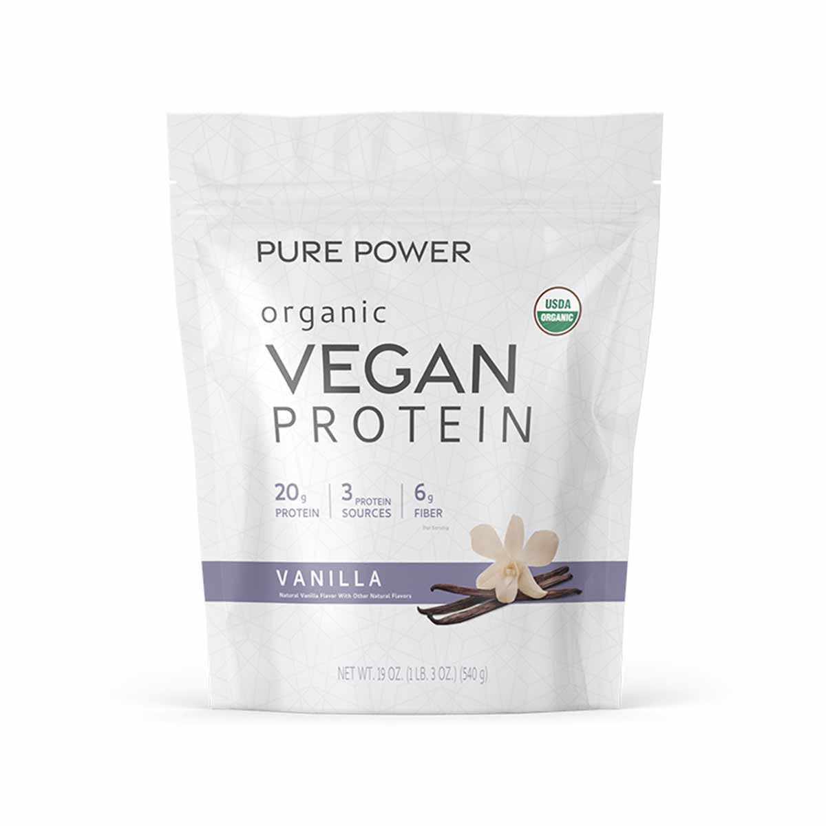 White pouch of Pure Power organic vegan protein powder in vanilla flavor with USDA organic seal and nutritional information d