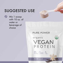 Hand holding measuring scoop of tan protein powder above white Pure Power organic vegan protein bag with vanilla flavor label