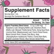 Supplement Facts label showing organic proprietary blend extract with herbal ingredients on pink background with botanical il