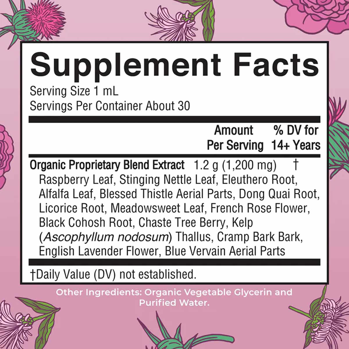 Supplement Facts label showing organic proprietary blend extract with herbal ingredients on pink background with botanical il