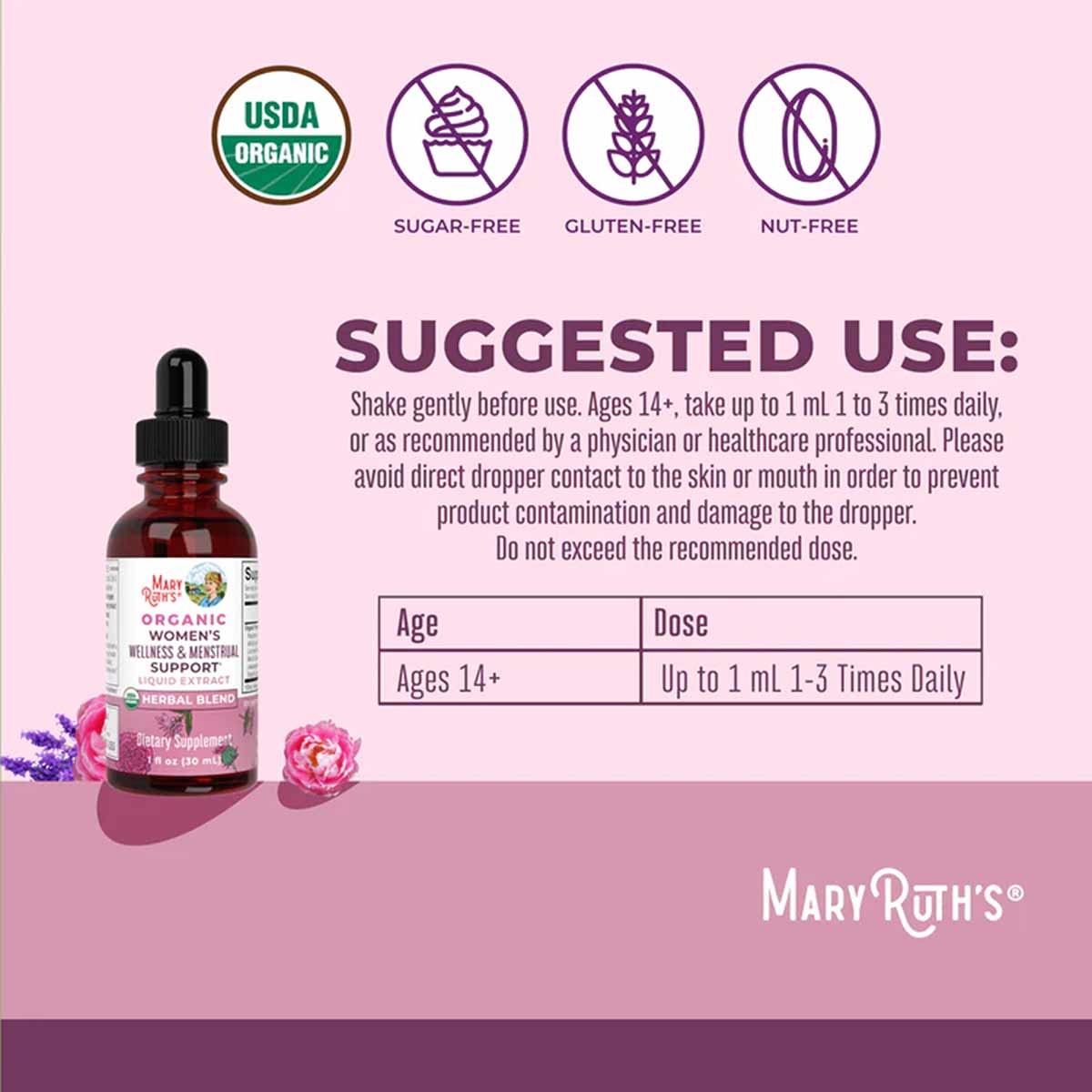 Dark glass bottle with dropper displaying USDA organic, sugar-free, gluten-free, and nut-free certification badges on pink ba