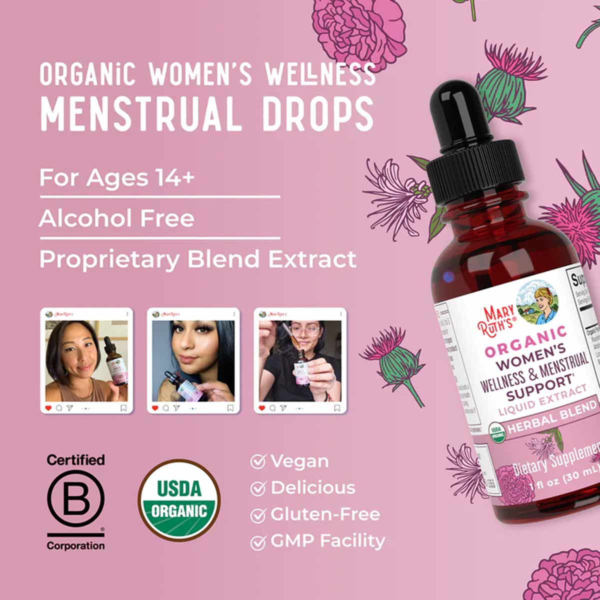 Dark amber glass dropper bottle of MaryRuth's Organics menstrual support liquid extract with black cap on pink background wit
