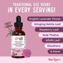 MaryRuth's Organics Women's Wellness & Menstrual Support liquid extract in dark glass bottle with dropper cap on pink backgro