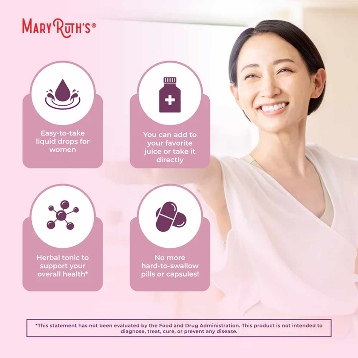 MaryRuth's Organics women's wellness liquid supplement with product information icons and smiling woman on pink background.