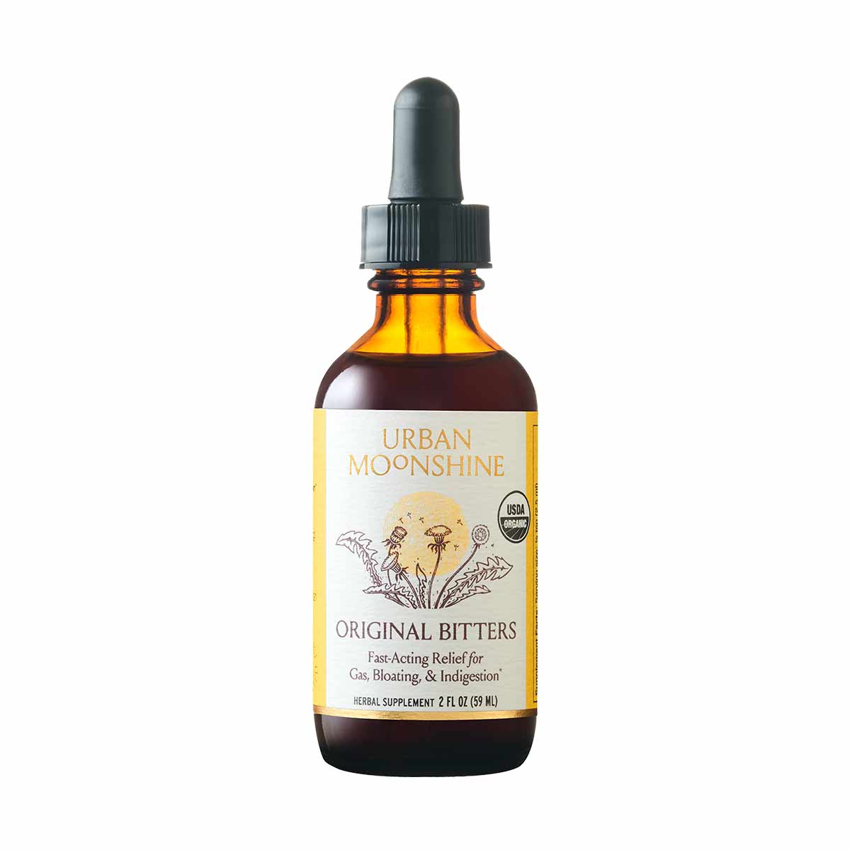 Dark glass dropper bottle of Urban Moonshine Original Bitters herbal supplement, 2 fl oz, with white label and black cap.