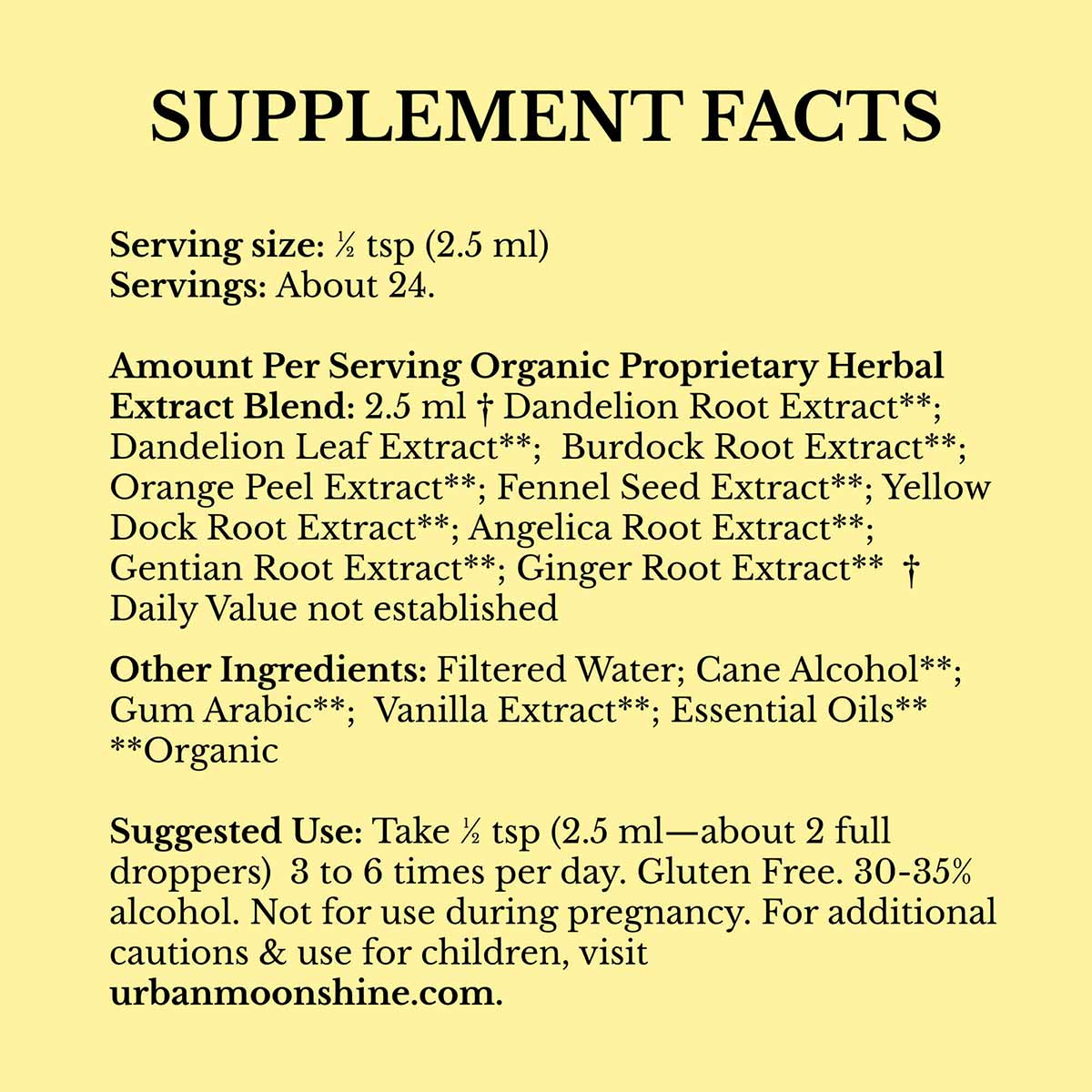 Supplement Facts label for Urban Moonshine Original Bitters on yellow background with serving size, ingredients, and usage in