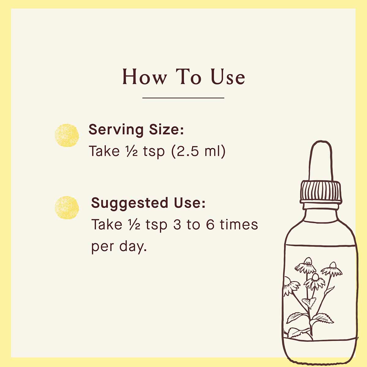 Bitters bottle with dropper top and herbal flower illustration, displayed with serving instructions on cream background.