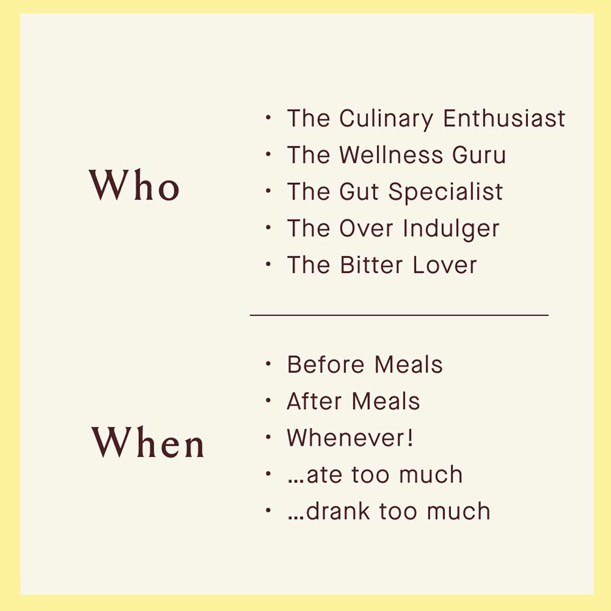 Cream-colored instructional text on yellow background listing user types and usage occasions for bitters product.