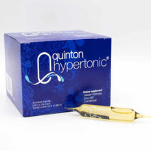 Blue box of Quinton Hypertonic ampoules with two glass vials of clear liquid displayed in front.