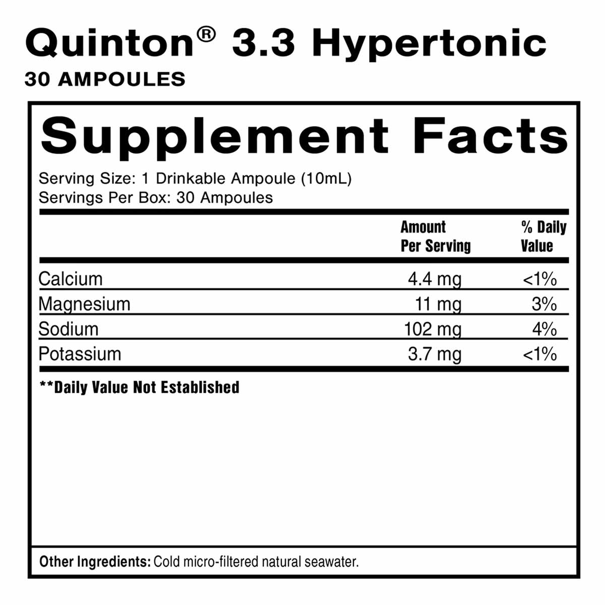 Quinton 3.3 Hypertonic supplement facts label showing 30 ampoules with mineral content per serving.