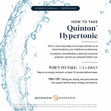 Instructional guide for Quinton Hypertonic supplement with water splash imagery and dosage information displayed on white bac